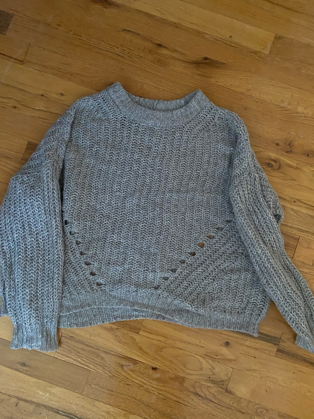 American Eagle Outfitters Heather Gray Openwork Crewneck Sweater